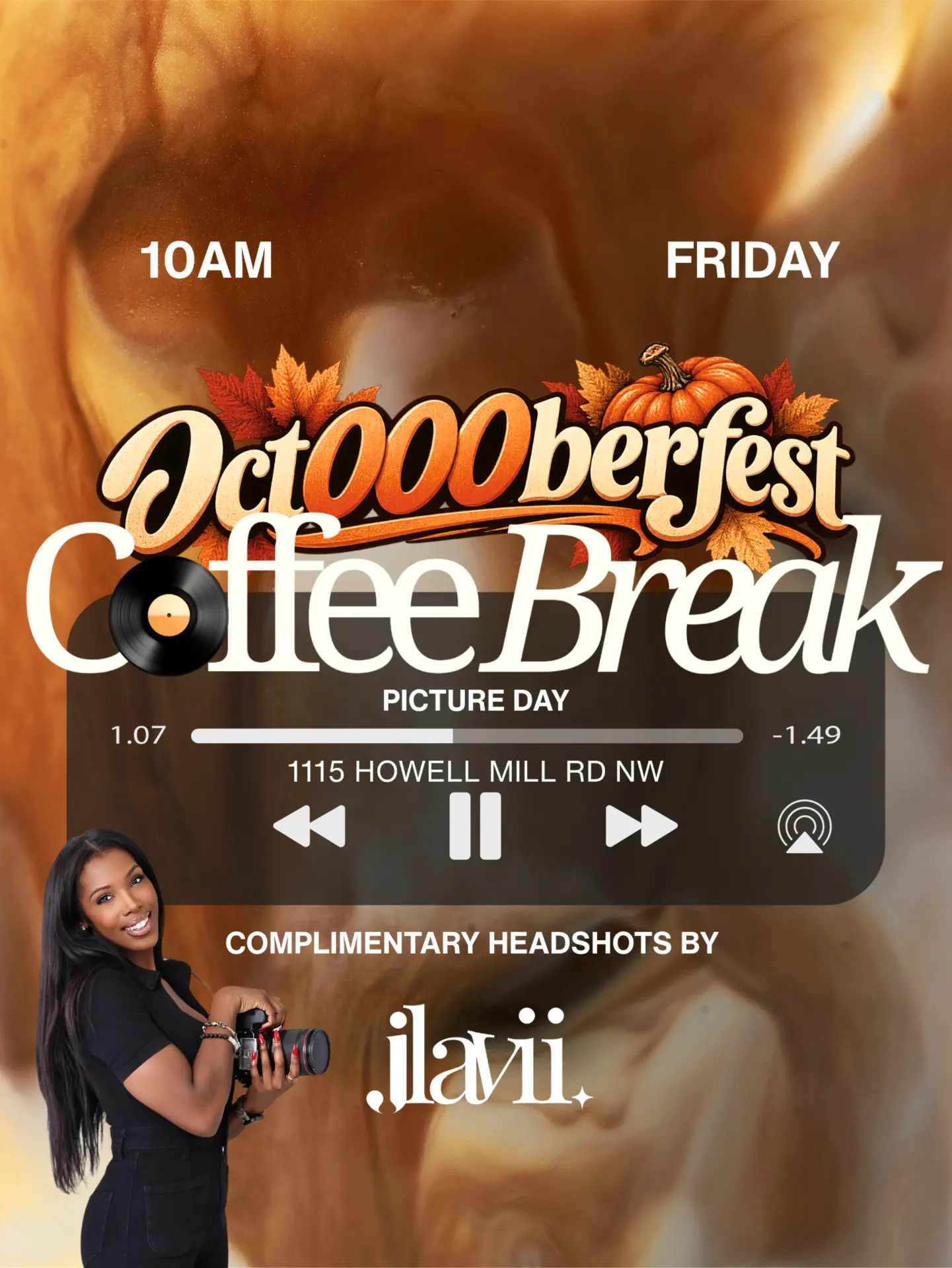 Oct000berfest Coffee Break flyer: Picture Day, 10AM Friday, 1115 Howell Mill Rd NW, complimentary headshots by JLavii